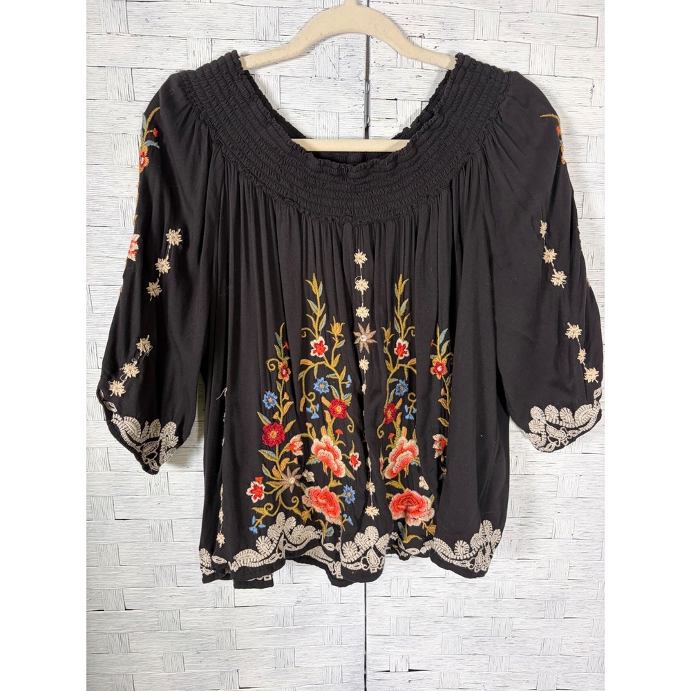 Johnny Was Workshop Womens Blouse Peasant Floral Embroidered Bohemian Hippie